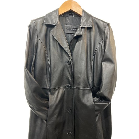 Winlit Solid Black Leather Jacket Long Coat Soft Luxurious Medium Size Unisex - Picture 6 of 12